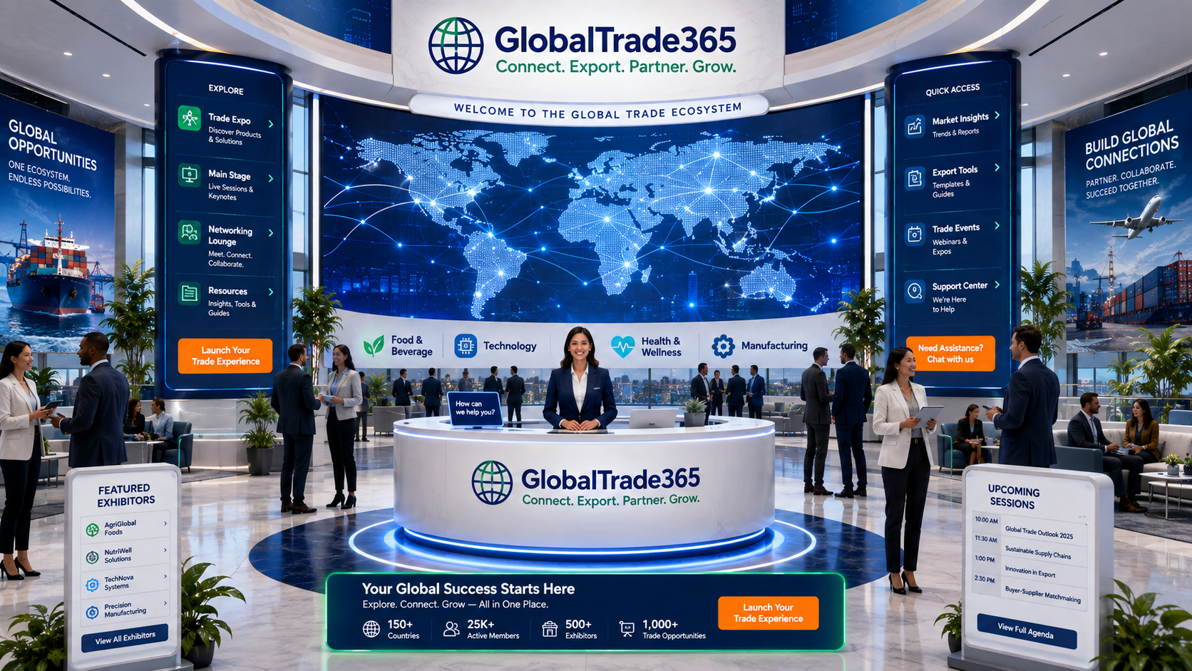 GlobalTrade365 Virtual Lobby — a professional 24/7 gateway with a world map, navigation pillars, and international business attendees